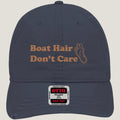 Blue distressed hat with burnt copper “Boat Hair Don’t Care” embroidery and Long Toe Life foot logo.