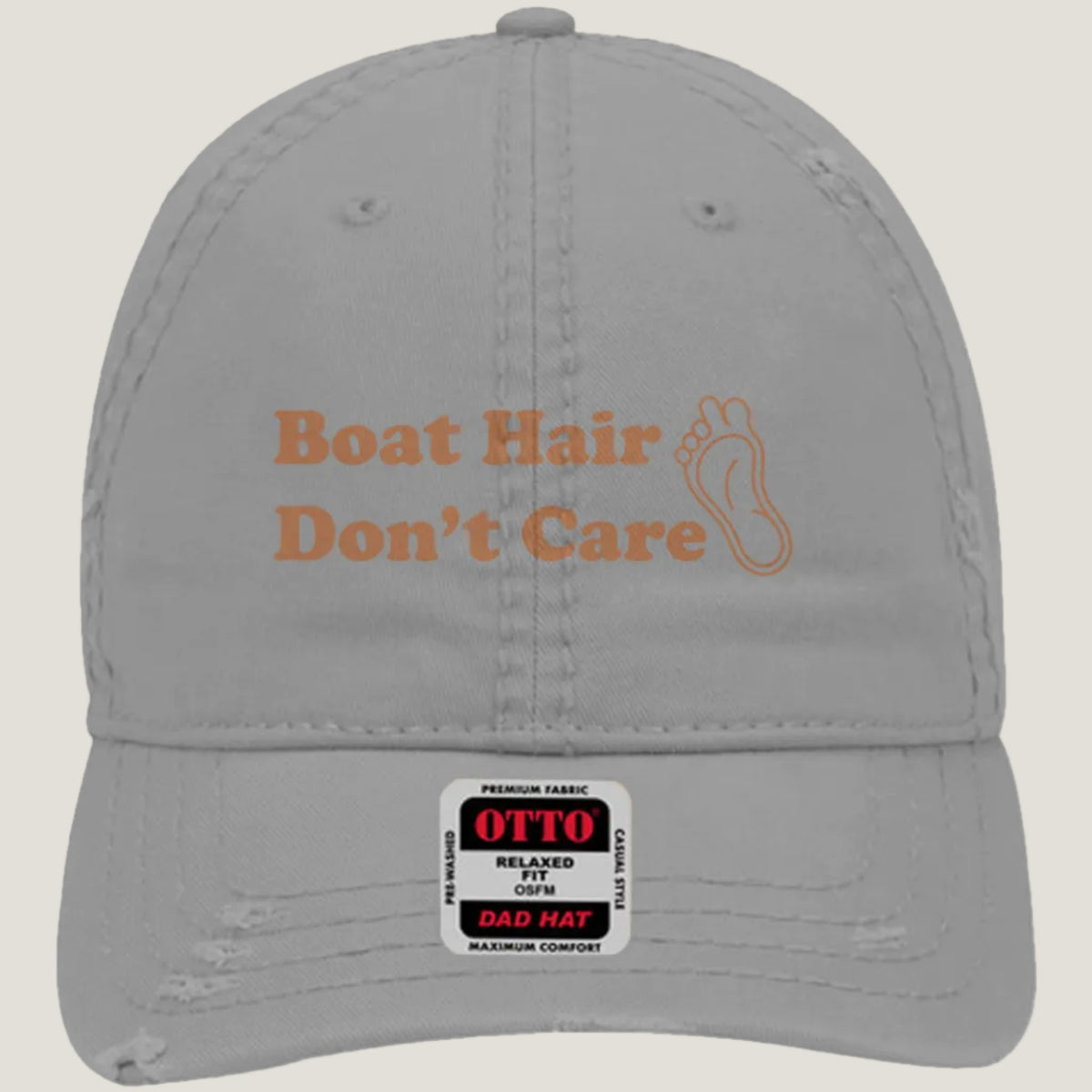 Gray distressed hat with burnt copper “Boat Hair Don’t Care” embroidery and Long Toe Life foot logo.