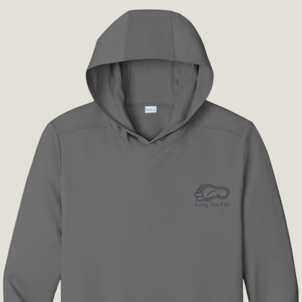 Gray hoodie with a Long Toe Life logo