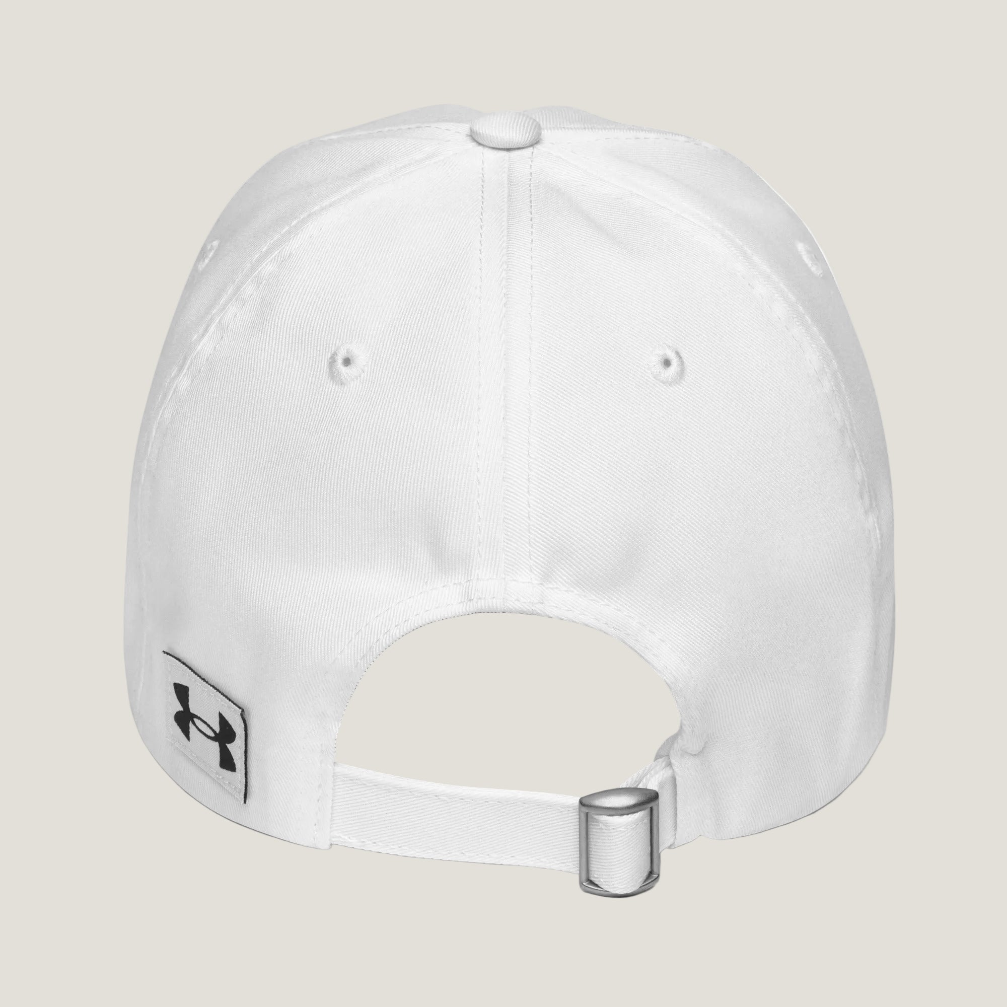 White baseball cap with a brand logo on the back against a white background