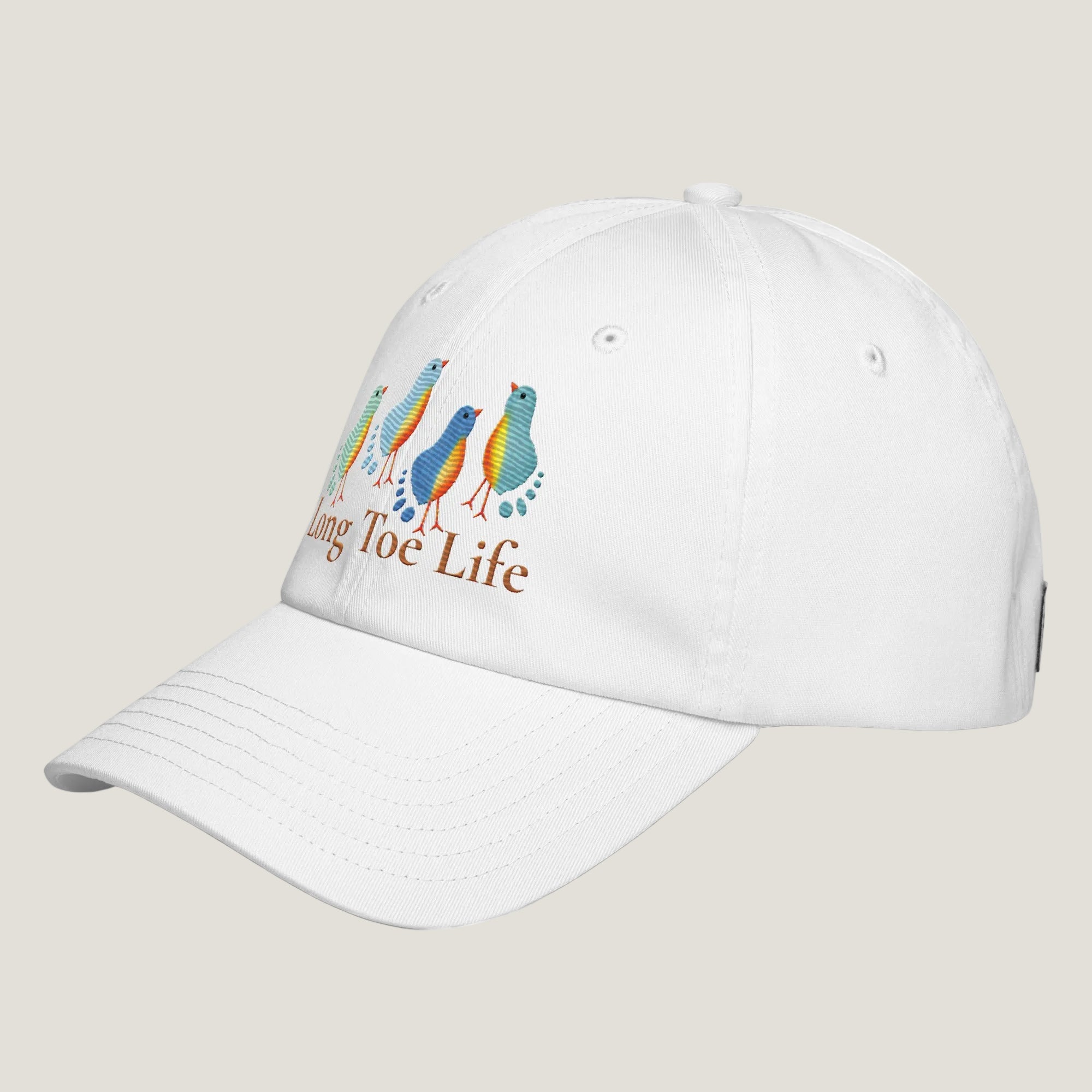 White cap with 4 birds on the front and Long Toe Life underneath.