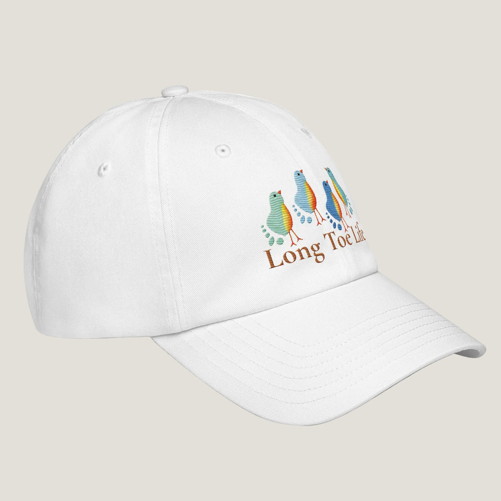 White hat with 4 birds and Long Toe Life underneath.