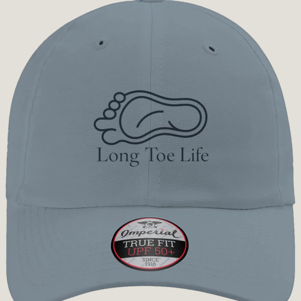 A light blue gray baseball cap featuring a blue line art graphic of a foot and the text 'Long Toe Life' on the front.