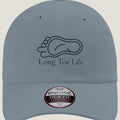 A light blue gray baseball cap featuring a blue line art graphic of a foot and the text 'Long Toe Life' on the front.