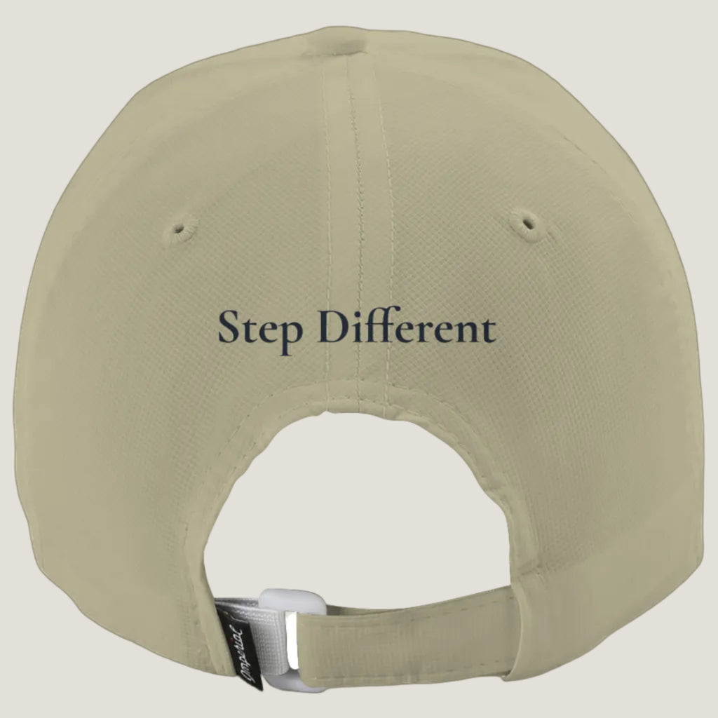 A sunbeam baseball cap shown from the back, featuring the text 'Step Different' printed in blue.