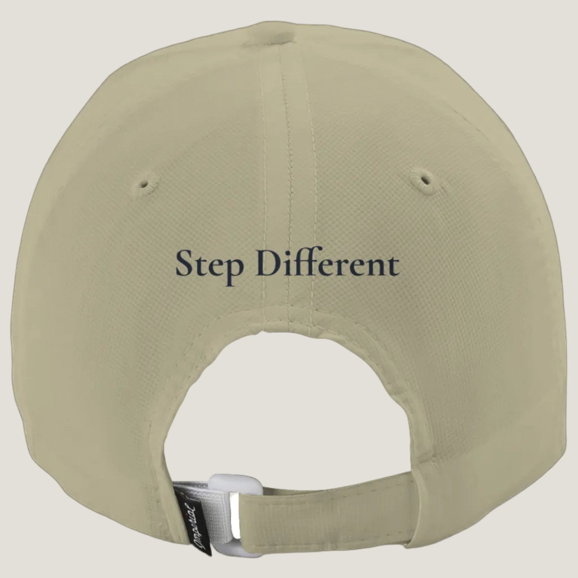 A sunbeam baseball cap shown from the back, featuring the text 'Step Different' printed in blue.